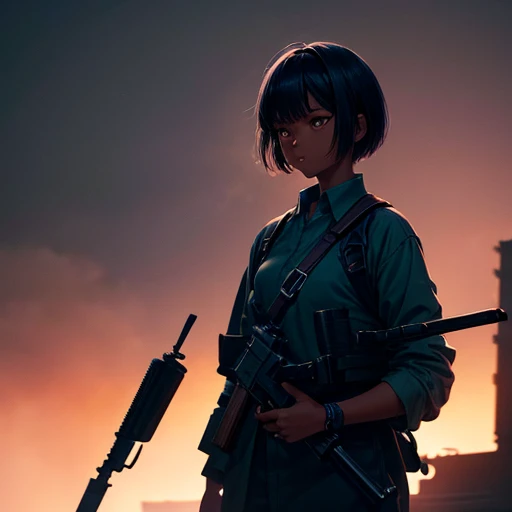 Hair cut short、Dark skinned tomboy girl, illustrated by aoiro studio and masaaki komori, Super detailed, Neon Light, Cinema Lighting, Matte Paint, Painted in oil painting style, Trending on Art Station, modern art, Surreal and dreamy atmosphere.Holding a gun like in a Western movie(Single Army 1.5)