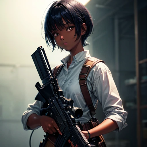 Hair cut short、Dark skinned tomboy girl, illustrated by aoiro studio and masaaki komori, Super detailed, Neon Light, Cinema Lighting, Matte Paint, Painted in oil painting style, Trending on Art Station, modern art, Surreal and dreamy atmosphere.Holding a gun like in a Western movie(Single Army 1.5)