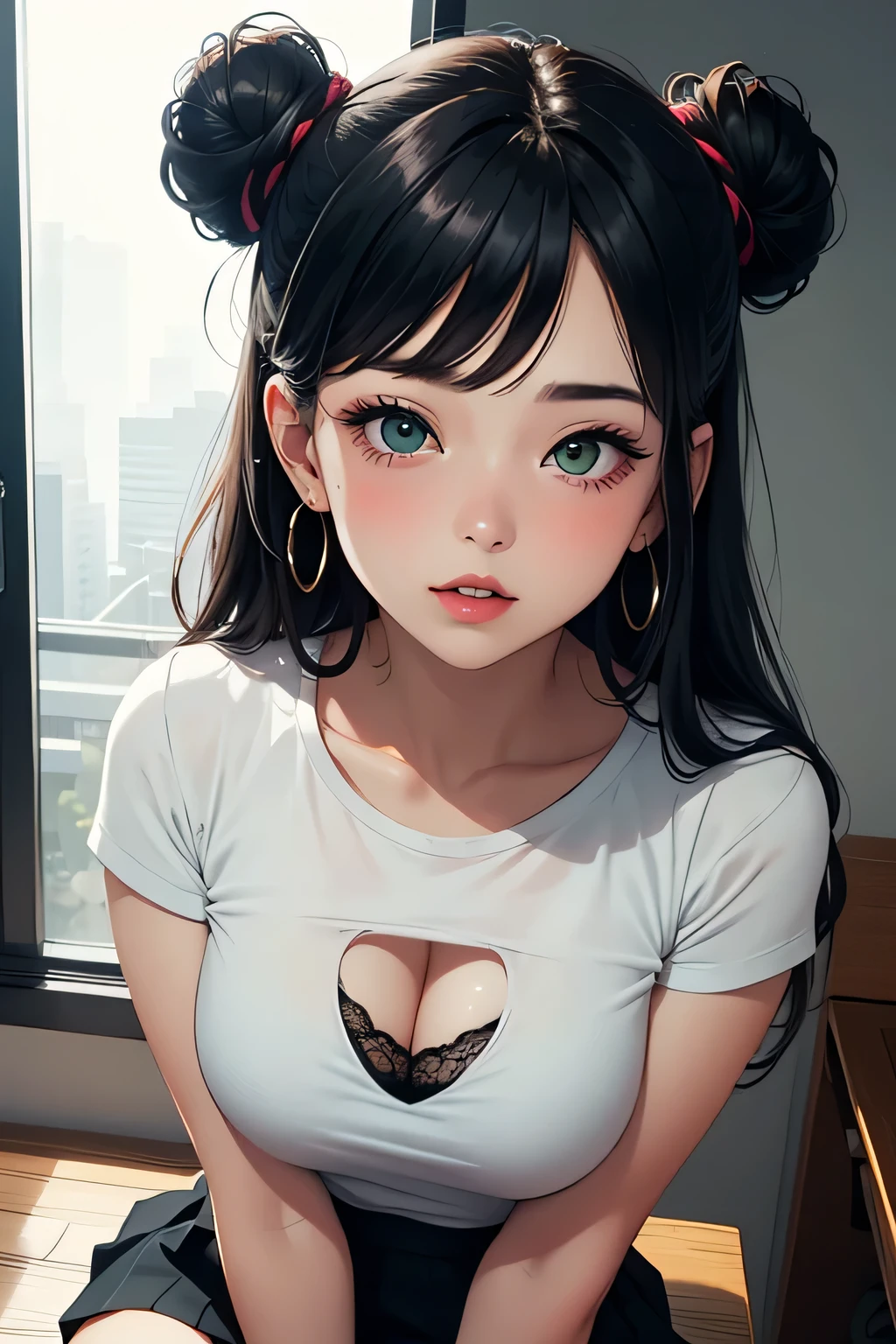 Amazing portrait of a sexy and woman with a beautiful face with seductive eyes gazing intensely at me with her soft lips parted in anticipation of a kiss which is making her blush intensely her lips are also curved in a soft smile she has her luscious black hair in a cute bun wearing a black and white striped t shirt and a dark green skirt paired with some elegant earrings her t shirt showing her medium chest and perfect body off