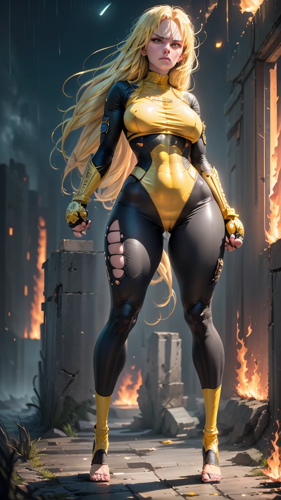 masterpiece, best quality, highly detailed, depth of field, cinematic lighting, ultra photoreal, Ultra detailed, intricate details, 8k wallpaper, cg, sharp focus, 1 woman, mature woman, superhero,((golden hair, long hair)), ((expressive face, angry look, burning eyes, yellow eyes)), ((full body bodysuit, black and yellow bodysuit, tight bodysuit)), (((standing confidently, legs parted, feet wide apart, fighting stance, fists clenched, full body shot, view from front, Low-Angle Shot,