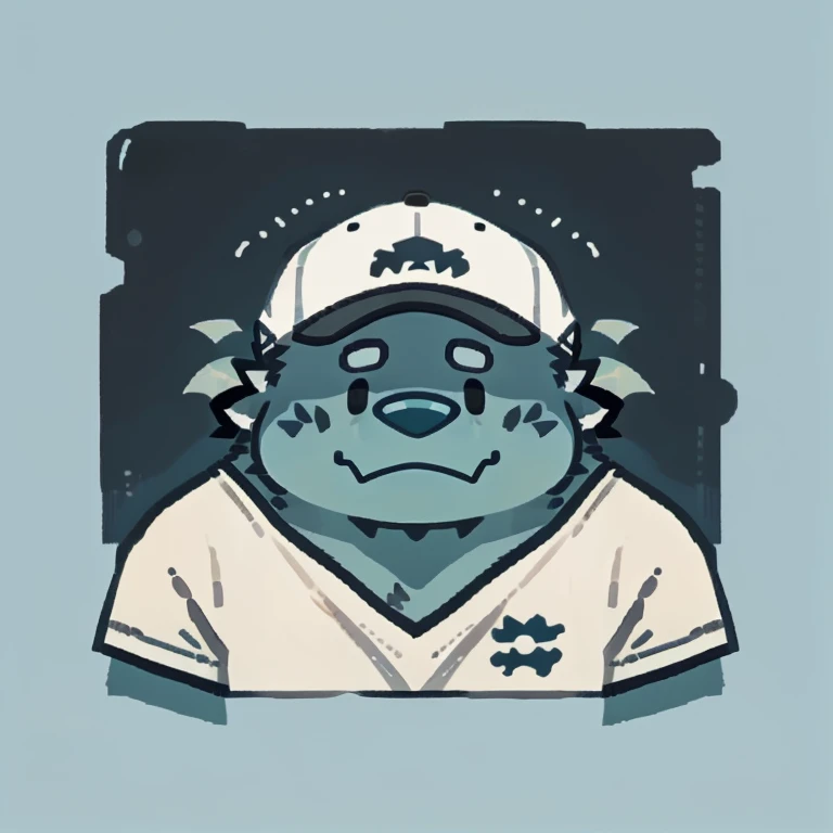 dagon face,Cute face,Humanity(dagon), (White short sleeve:1.3), (with cap), (round face), Chubby,(white eyebrows:1.1),(Upper body naked:1.2),(perfect black eyes),Simple background, Blue Background,print style。(Artist:Takemoto Arashi