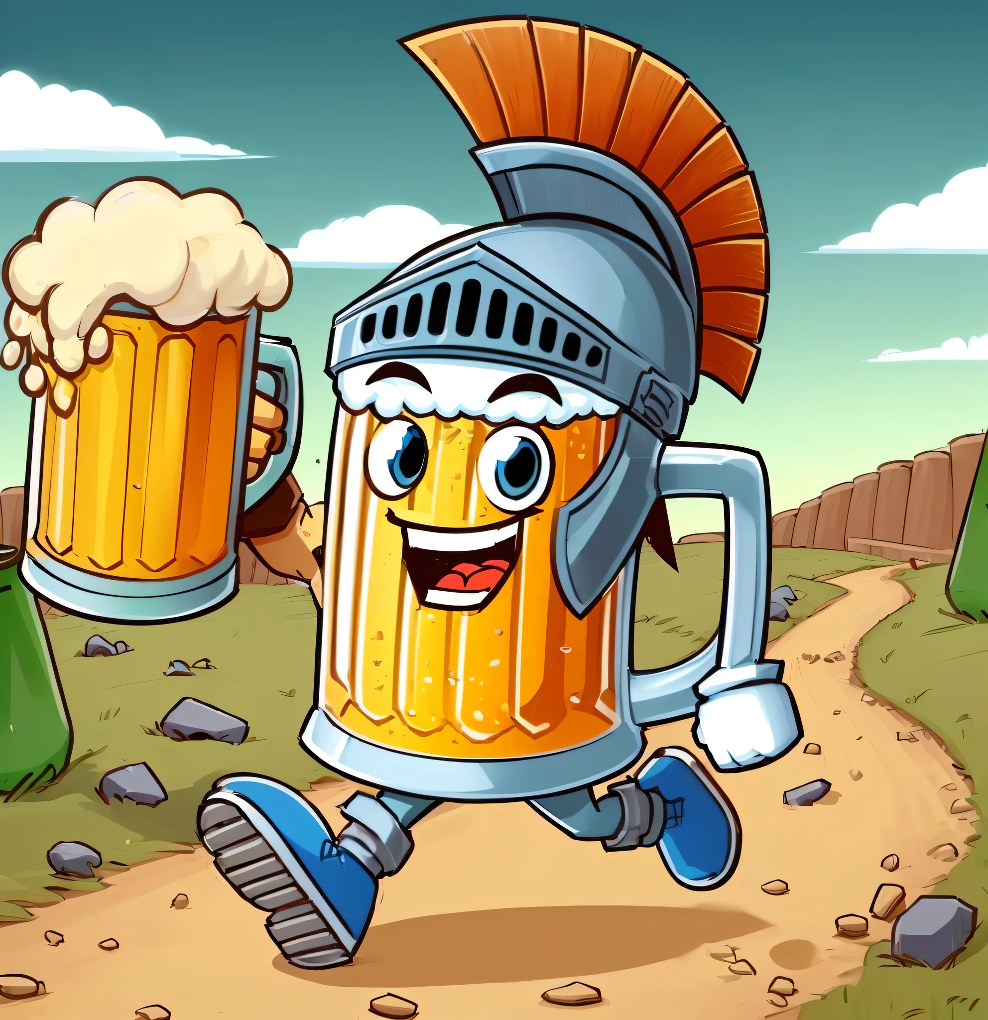 cartoon illustration of a beer character running with a mug of beer, knight drinks beer, battle toast, cider-man, cider - man, beer, holding a tankard of ale, mead, holding beer, drinking beer, cartoon brew, drinking a beer, cold beer, holding a mug of beer, cereal mascot, artemixel, 8 k cartoon illustration, spartan