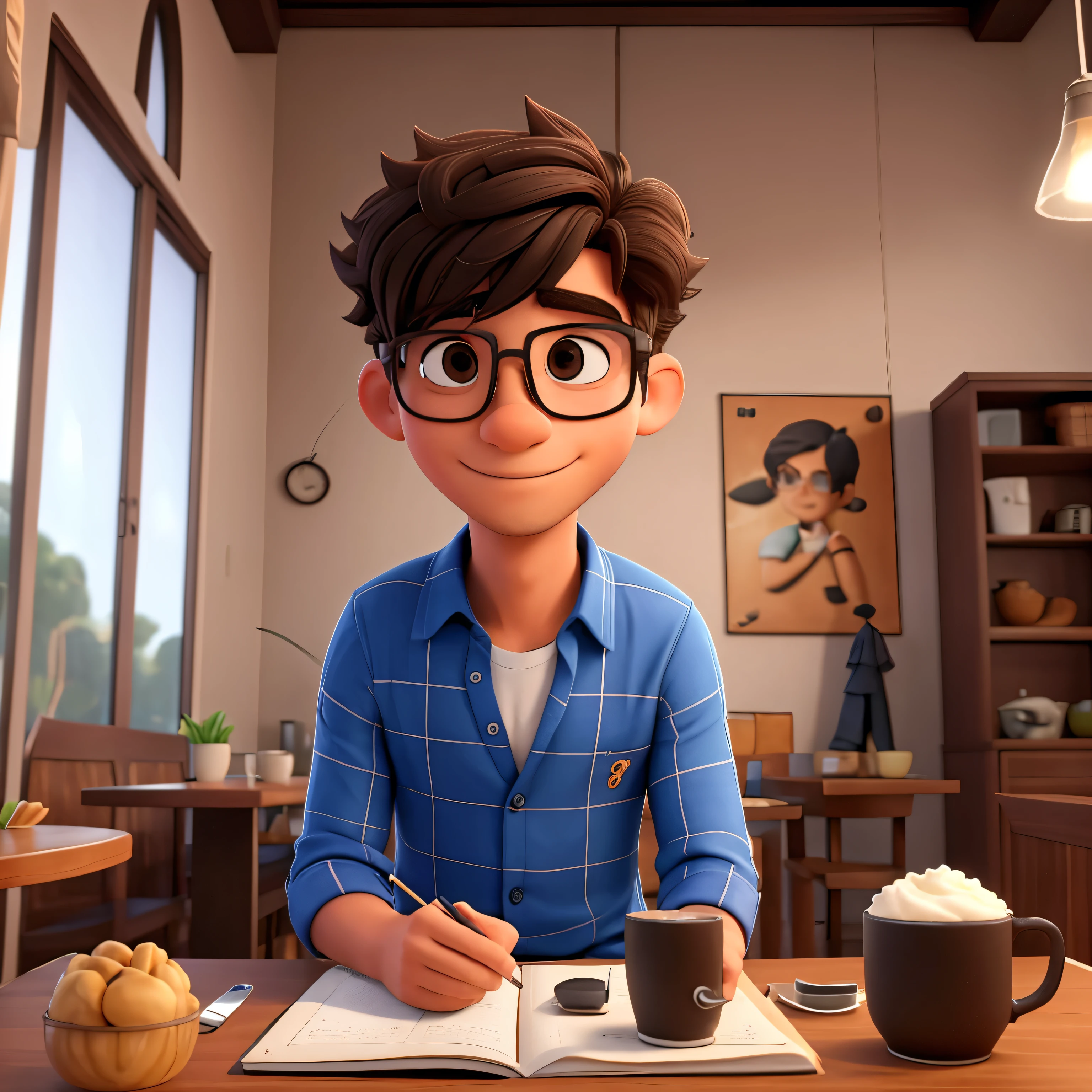 melhor qualidade, high resolution, imagem distinta, jovem, masculino, gordinho, with glasses, alto, cabelo curto e preto camisa social, suspensorio, dress pants, sapato social, sitting at the breakfast table with your cat, drinking coffee, gatos, preto, laranja e branco, roronando, em cima da mesa