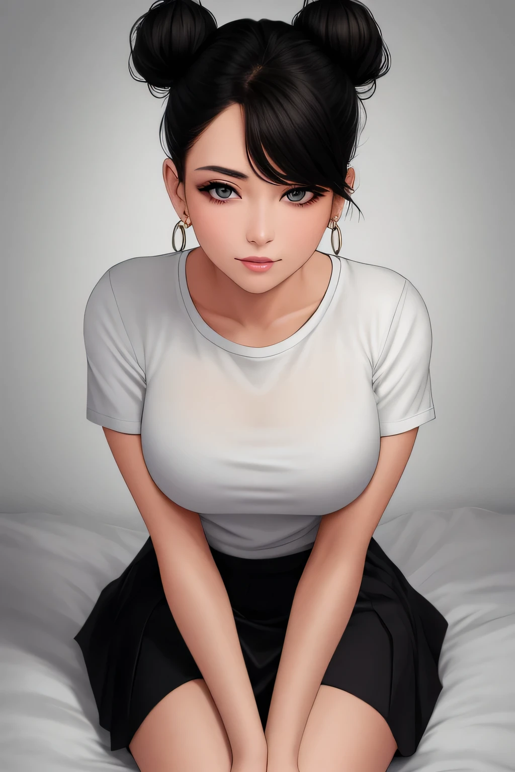 Amazing portrait of a sexy and  woman with a beautiful face with seductive eyes gazing intensely at me with her soft lips parted in anticipation of a kiss which is making her blush intensely her lips are also curved in a soft smile she has her luscious black hair in a cute bun wearing a black and white striped t shirt and a dark green skirt paired with some elegant earrings her t shirt showing her medium chest and perfect body off 