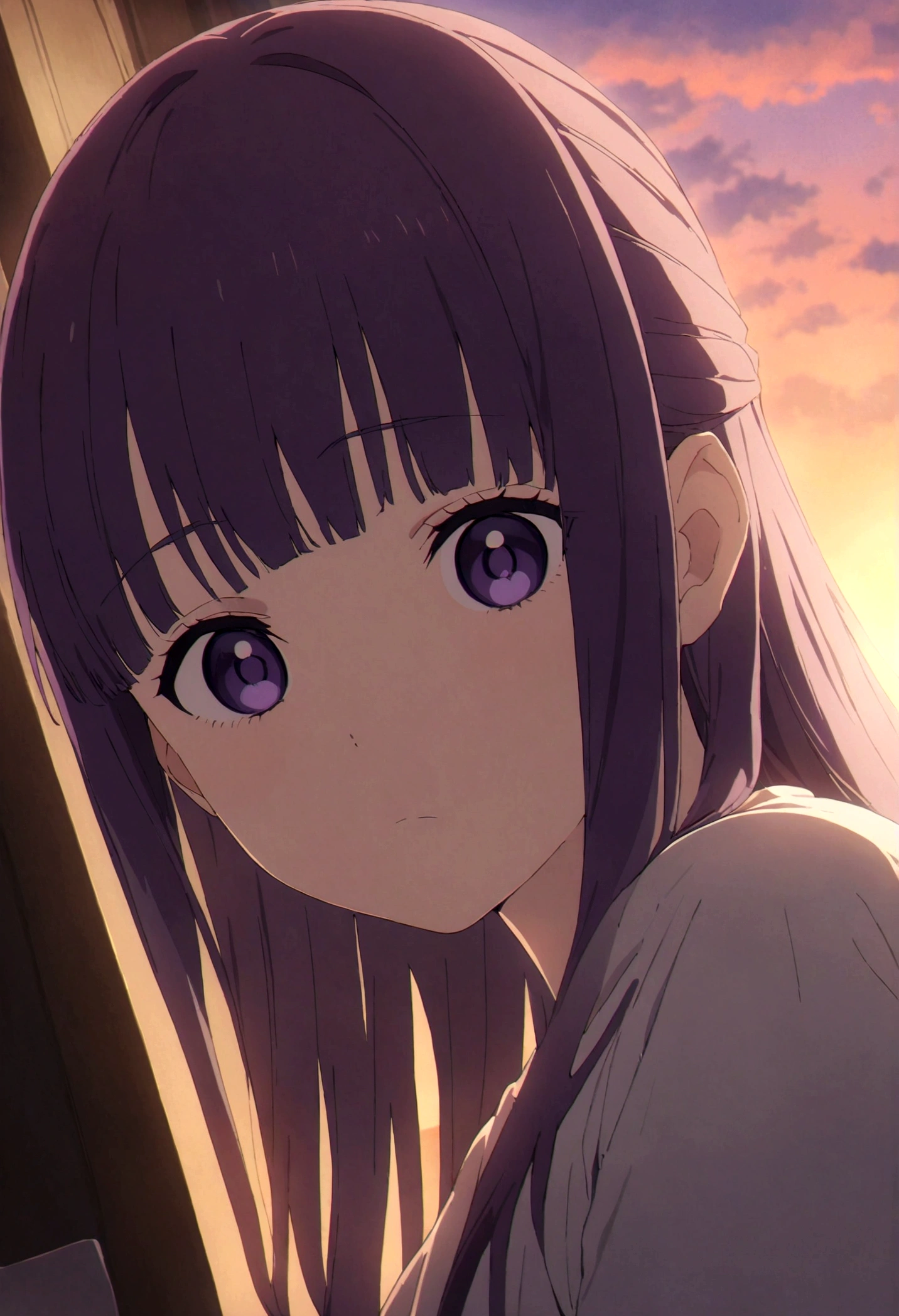 Close-Up of Face, f3rn, sousou no frieren, A tv anime of a woman with purple eyes and hair wearing a cozy t-shirt in a bedroom with sunset light, best quality, masterpiece, very aesthetic, perfect composition, intricate details, ultra-detailed