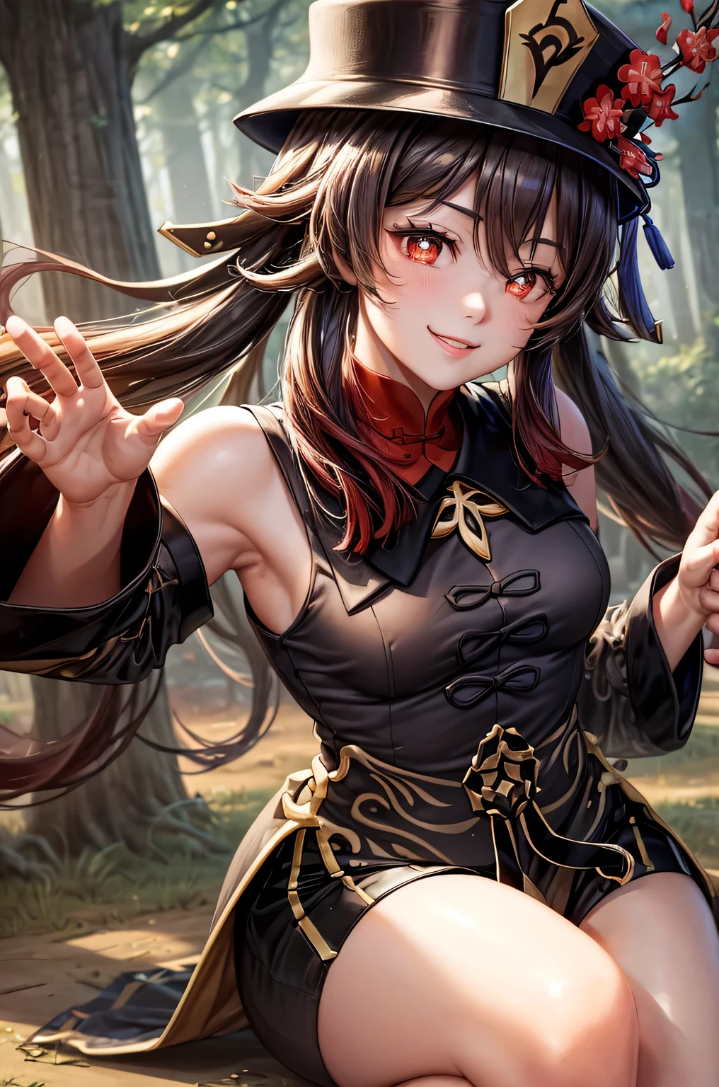((hutaodef)):1.5,((masterpiece,highest quality,Highly detailed images,Beautiful images、Realistic、Photorealistic、2.5D))((hutao images,A graveyard in a dark forest、Many gravestones、Fun pose、Bright natural light throughout、Backlight、A fantastic atmosphere、Dust flutters)),(Close-up image of hutao)、((small breasts))(smile)(Exposing shoulders、Separate sleeves)Deformed human soul