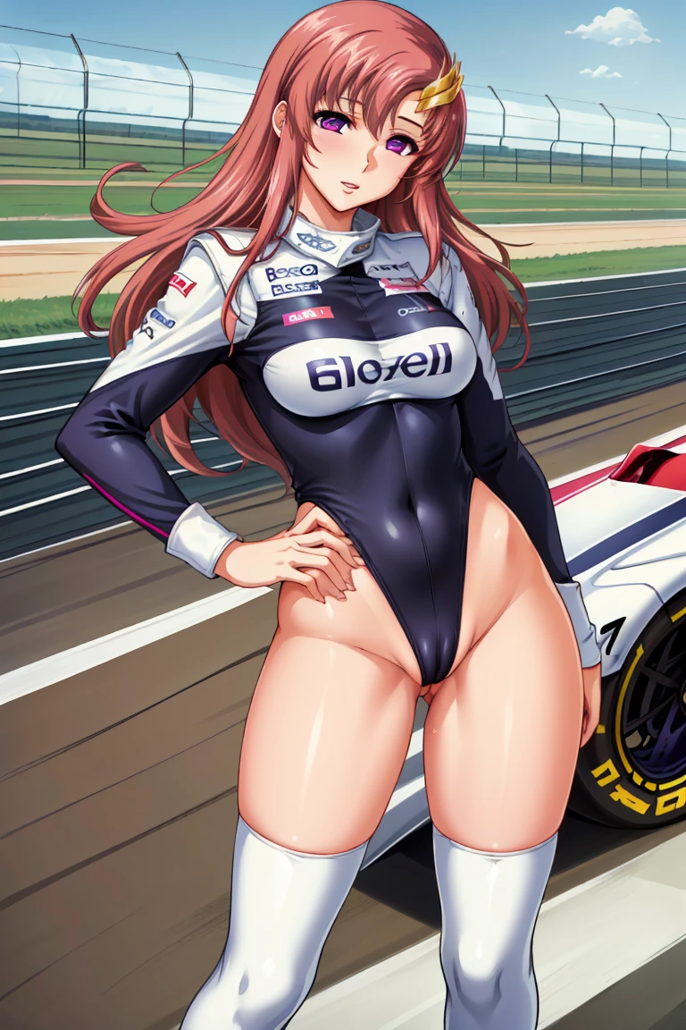 (masterpiece:1.2, highest quality), (Realistic, photoRealistic:1.4), Beautiful illustrations, (Natural Side Lighting, Cinema Lighting), avert your eyes, (Cowboy Shot), 2 girls, Grid Girls, 30 years old, (((Mature Woman))), (Beautiful anime faces), Japanese, Perfect Face, Perfect Anatomy, Symmetrical cute face, Shiny skin, Blunt bangs, (Intense glowing purple eyes:1.3), Beautiful Hair, Beautiful Face, Beautiful clavicle, Beautiful body, Beautiful breasts, Beautiful thighs, Beautiful feet, Beautiful fingers, (Perfect Face, Perfect Anatomy), (Two legs, Five Fingers), ((Grid Girls, Racing Suits, Race Queen Costume:1.3. White and pink high leg leotard with sponsor logo:1.3, Shiny arm covers:1.3, Shiny knee-high boots:1.3)), (Beautiful views), Written boundary depth,((Tall Woman), (Slim figure), (small breasts directed upwards)), (Randomly changing obscene poses:1.3), ((A tiny remote vibrator is attached to the pussy), (Holding the smart key in the right hand)), (Golden hair ornament), (Pale pink hair),