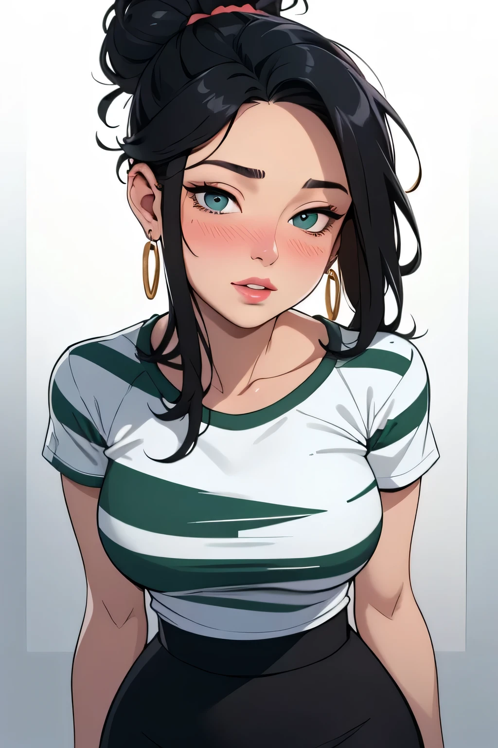 Amazing portrait of a sexy and woman with a beautiful face with seductive eyes gazing intensely at me with her soft lips parted in anticipation of a kiss which is making her blush intensely her lips are also curved in a soft smile she has her luscious black hair in a cute bun wearing a black and white striped t shirt and a dark green skirt paired with some elegant earrings her t shirt showing her medium chest and perfect body off