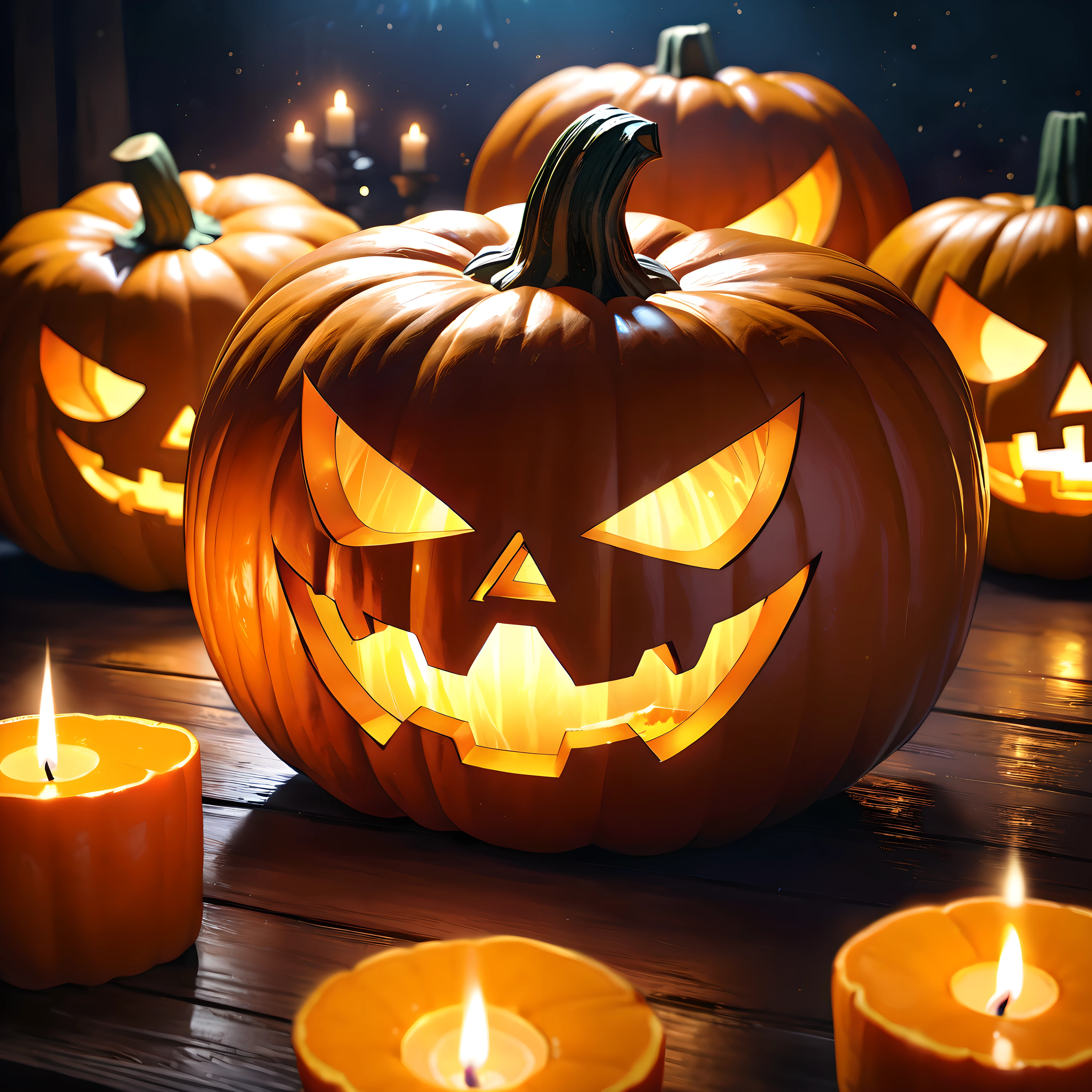 ((One Halloween pumpkin, Just one, A single pumpkin is the subject)), Face-shaped opening, Candlelight leaking from inside, A dark background that makes the subject stand out, Dramatic lighting effects, Detailed and realistic depiction, Pumpkin close-up, Flickering lights expressed with motion blur, Very soft light,