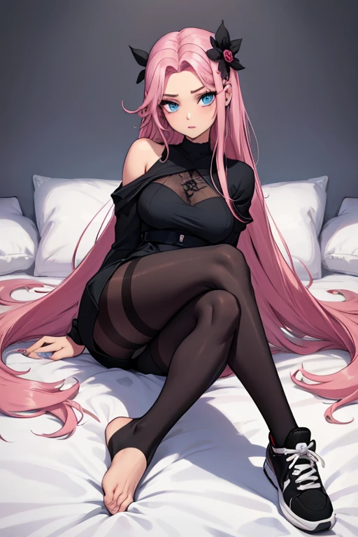 22 anos, pele branca, quase fala, cabelo branco, rosa nas pontas, cabelo extremamente longo, apertado, black pantyhose, black sneakers, cabelo branco, cabelo entre os olhos, cabelo branco, boca fechada, short, formal messy hair big pink hair extremely long hair blue eyes crossed legs black flower barrettes all over the hair