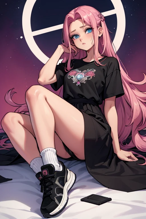 22 anos, pele branca, quase fala, cabelo branco, rosa nas pontas, cabelo extremamente longo, apertado, black pantyhose, black sneakers, cabelo branco, cabelo entre os olhos, cabelo branco, boca fechada, short, formal messy hair big pink hair extremely long hair blue eyes crossed legs black flower barrettes all over the hair