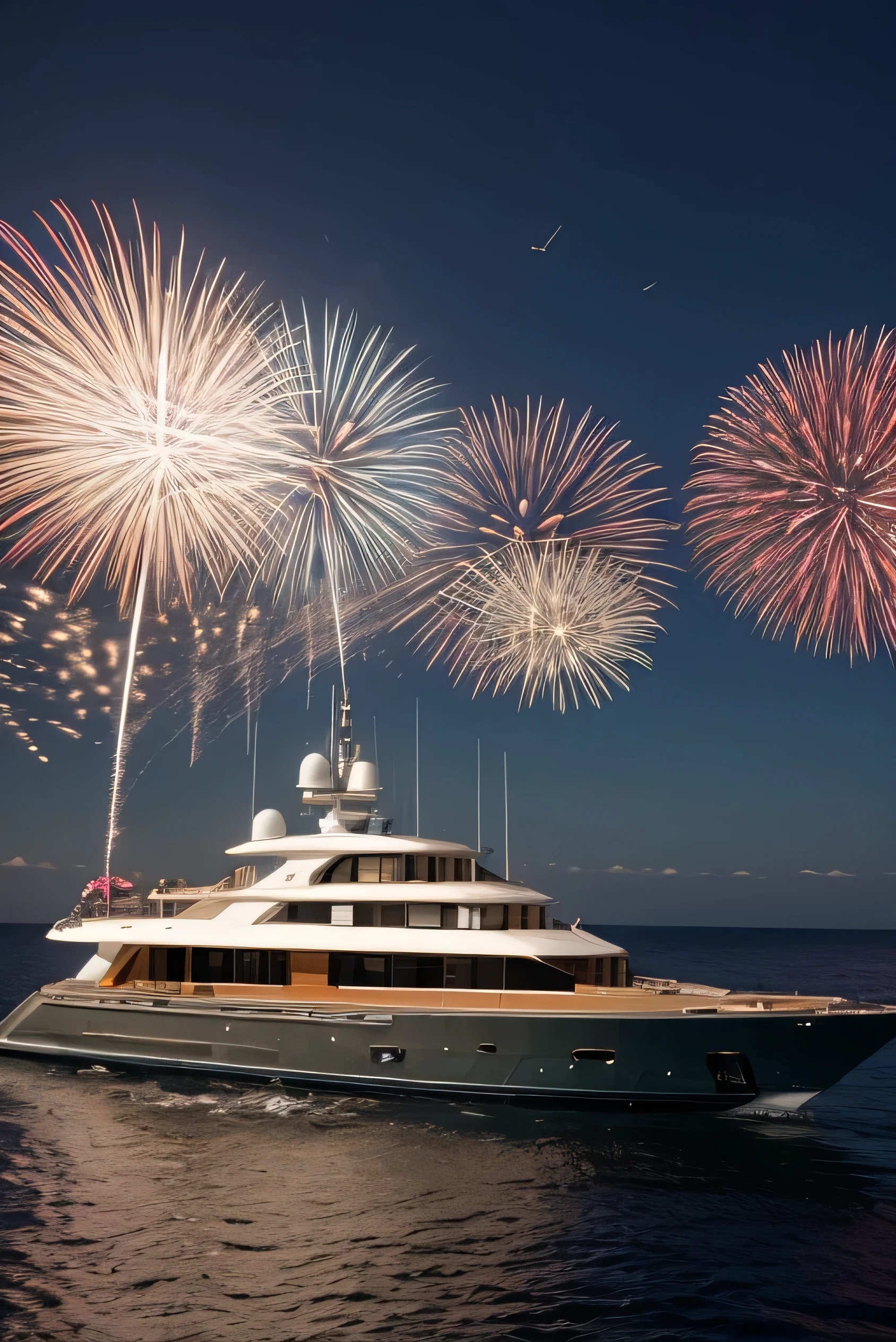 Make a yacht and show the whole yacht in a horizontal stance inside the sea. Camera angle should be far away and make a party happening in the decks of the yacht. Put fireworks behind the boat that can be shown only above it. At night.
Camera angle very far away. Dont show the shore, only sea