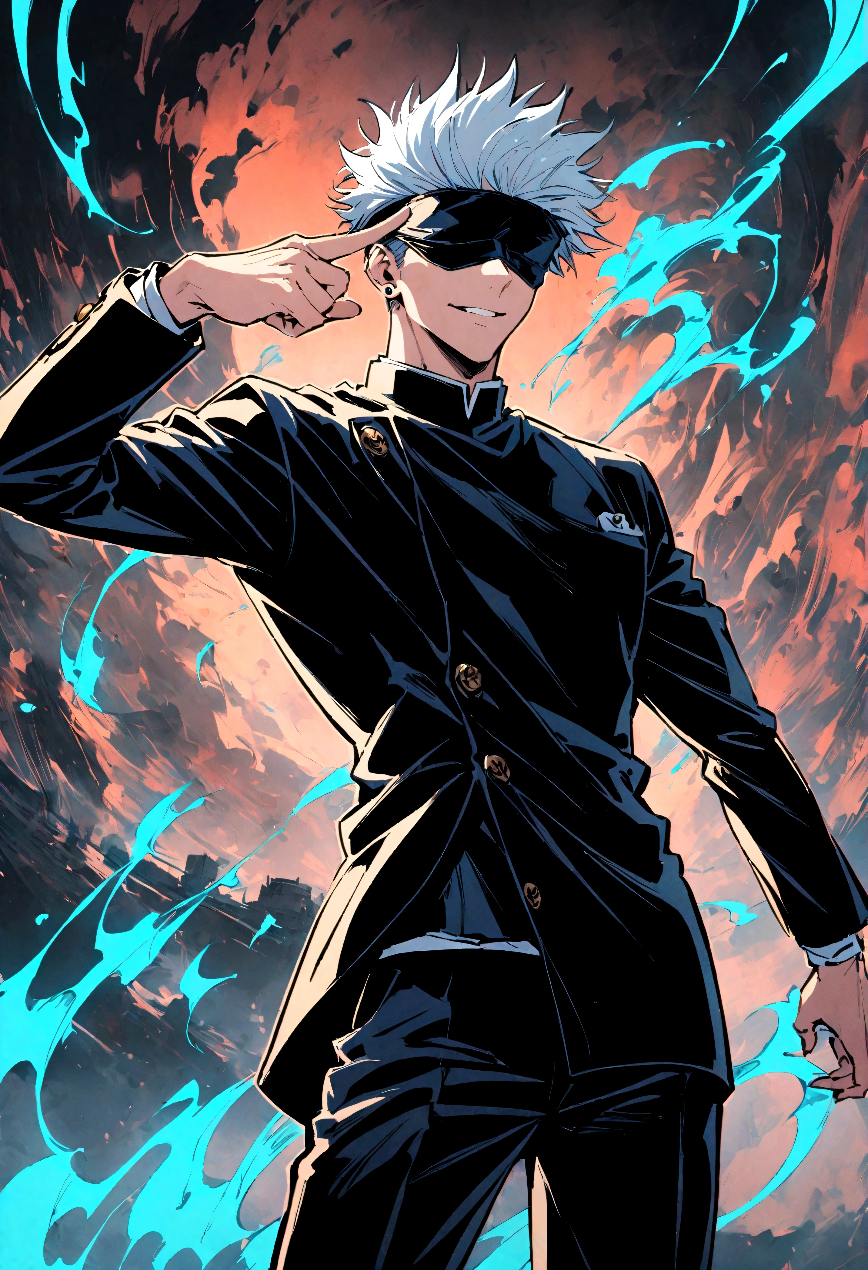 1 male,Satoru Gojo,Jujutsu Kaisen,,Create an image of Satoru Gojo from the manga 'Jujutsu Kaisen' by Gege Akutami. Gojo is a tall, slender man with white hair, usually wearing a black blindfold or sunglasses. He exudes confidence and charisma, often seen with a relaxed smile or a challenging expression. Capture him in a dynamic pose, possibly with one hand raised and a single finger pointed. The background should depict a modern urban landscape or a battle scene with swirling energy effects. Include special effects like a blue aura or energy waves to emphasize his power, and show his piercing blue eyes glowing if his blindfold is off. Make sure to highlight his stylish attire and the dramatic atmosphere.,Sui Ishida's painting style,Intricate details,Detailed depiction of hair,Use black and white as your main colors,Decadent,artwork,Perfect Anatomy,Anatomically correct,
