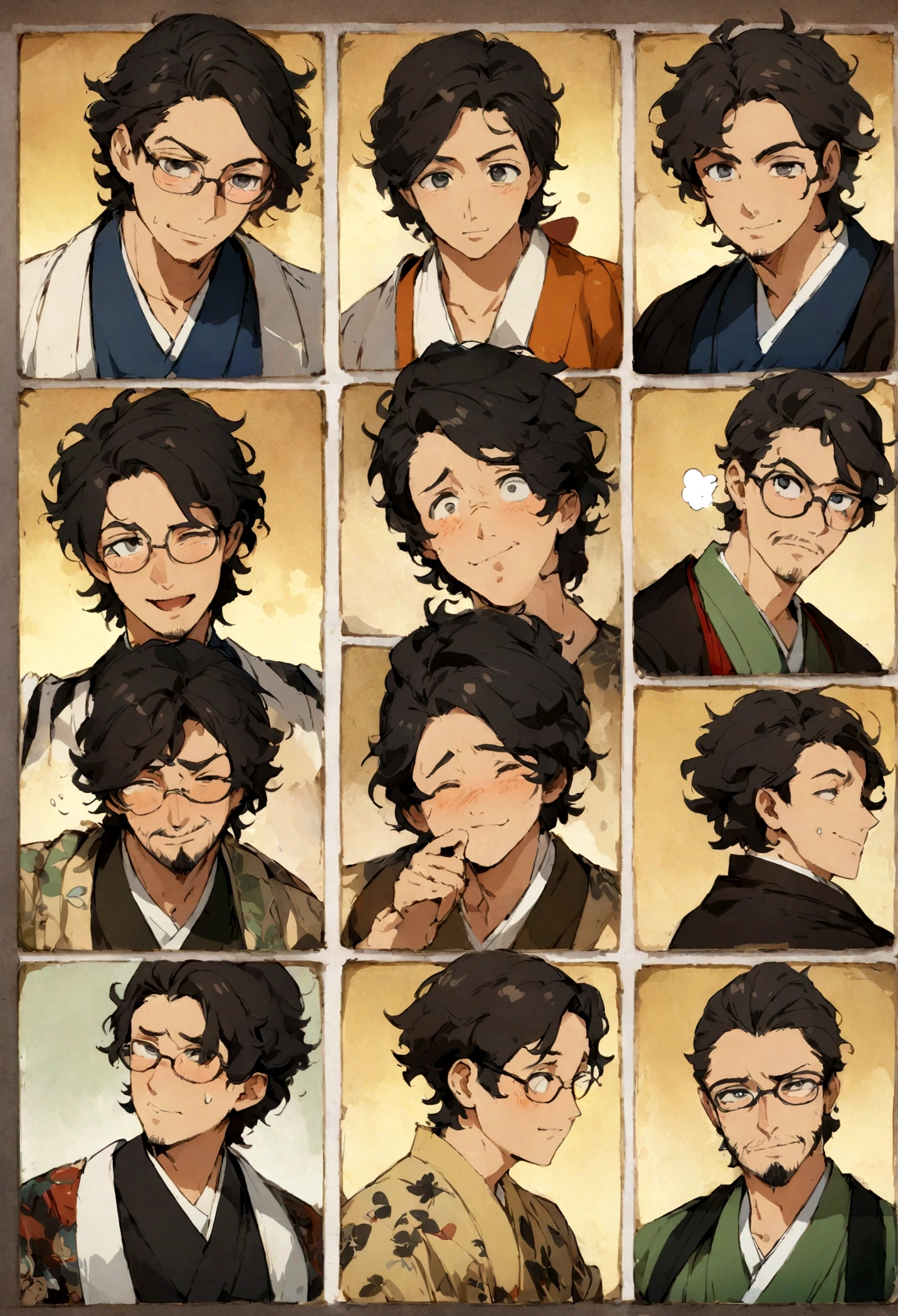 Male characters, alone, Black Hair, Adult,Letters, so Messy hair, Messy, short hair, tall, Beard, sleepy, Silver Eyes, Glasses, Dressed in kimono, Taisho period, husband. black eye, Bright Eyes, clumsy, nice, positive, tired, ikemen, good looking, beautiful, figure, Anime art style, masterpiece, highest quality, Pleasant personality, happy, detailed, 1 person, Professional artwork, Digital Art, smile, sad smile, Chill, Basic Expressions, Adult, I can't resist, nice, Looking for you, Pure art, Character portrait, scenario, 4K, High resolution, Cute eyes, Hopeful, Half Blind, Are thin, 1 picture, Front facing, Natural curls