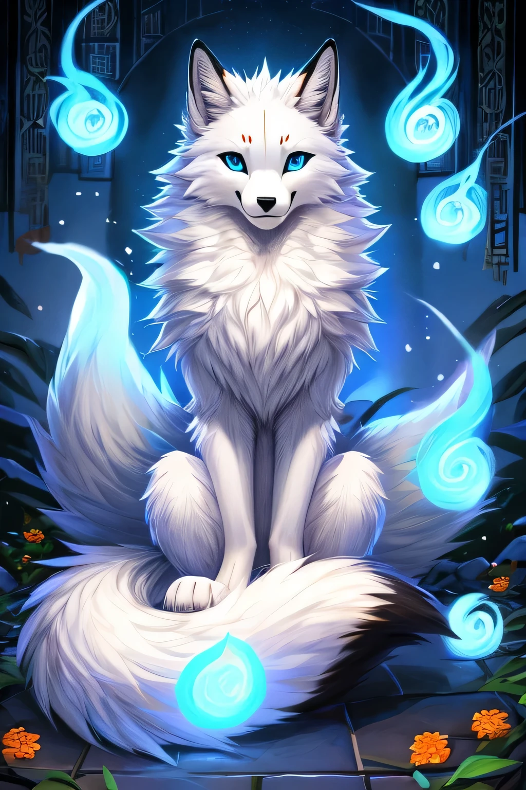 falvie
asian_mythology east_asian_mythology mythology
canid canine fox mammal will-o'-the-wisp
2017 digital_media_(artwork)
ambiguous_gender blue_eyes detailed_background feral fox_spirit fur kitsunebi multi_tail paws shrine sitting smile solo tail white_body white_fur