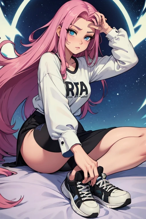 22 anos, pele branca, quase fala, cabelo branco, rosa nas pontas, cabelo extremamente longo, apertado, black pantyhose, black sneakers, cabelo branco, cabelo entre os olhos, cabelo branco, boca fechada, short, formal messy hair big pink hair extremely long hair blue eyes crossed legs black flower barrettes all over the hair