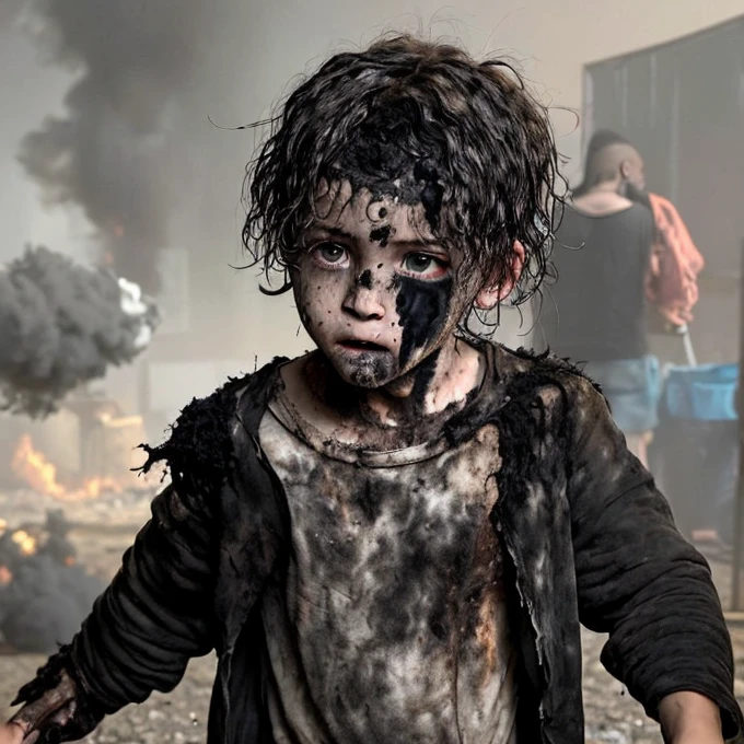 A boy in a daze, with his hair standing on end and covered in soot and wearing tattered clothes, is caught in an explosion during the filming of a comedy movie.