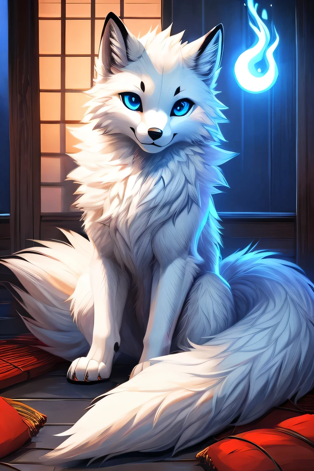 falvie
asian_mythology east_asian_mythology mythology
canid canine fox mammal will-o'-the-wisp
2017 digital_media_(artwork)
ambiguous_gender blue_eyes detailed_background feral fox_spirit fur kitsunebi multi_tail paws shrine sitting smile solo tail white_body white_fur