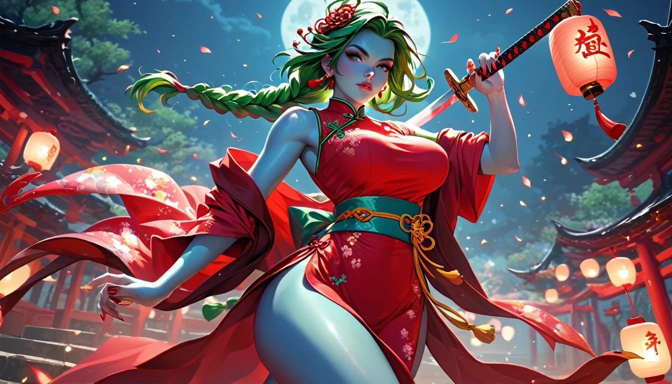 score_9, score_8_up, score_7_up, 1girl, solo, long hair, breasts, looking at front, large breasts, dress, green hair, standing, braid, thighs, chinese clothes, holding a sword with single hand, ready for fighting, kimono, nail polish, lips, sash, night, colored skin, looking front, short dress, floral print, red dress, red nails, blue skin, paper lantern