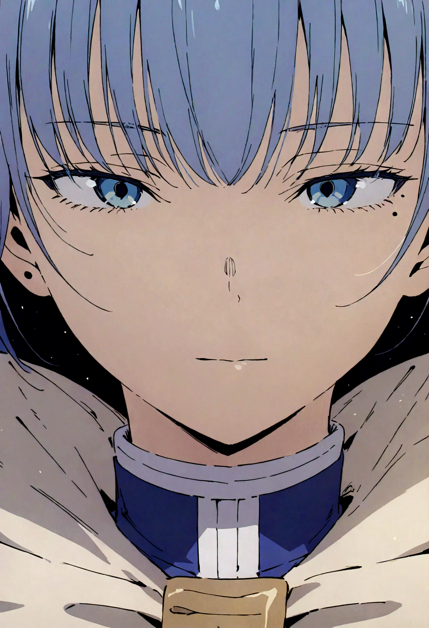 Close-Up of Face, blue hair, mole birthmark, sousou no frieren, best quality, masterpiece, very aesthetic, perfect composition, intricate details, ultra-detailed