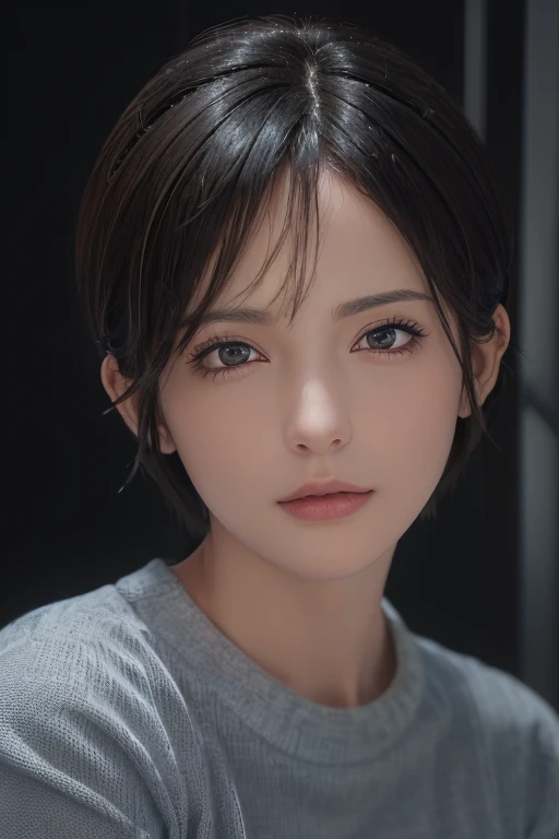 (masterpiece:1.3), (8k, photorealistic, RAW photo, best quality: 1.4), (1girl), beautiful face, (realistic face), (black hair, short hair:1.3), beautiful hairstyle, realistic eyes, beautiful detailed eyes, (realistic skin), beautiful skin, (sweater), absurdres, attractive, ultra high res, ultra realistic, highly detailed, golden ratio