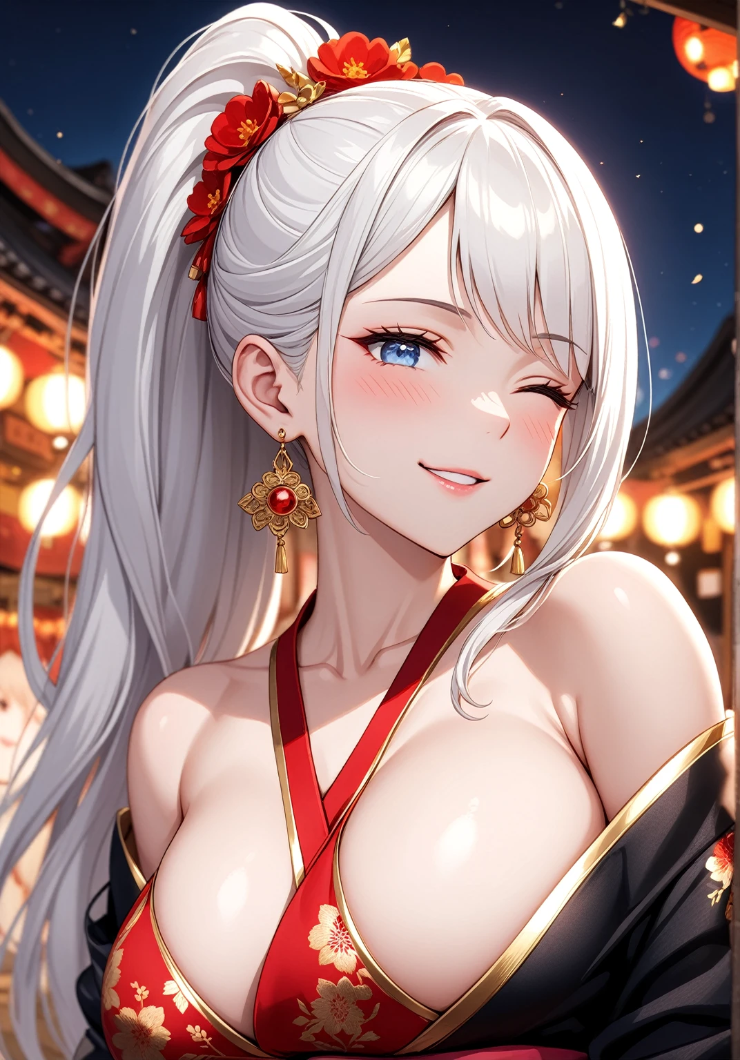 ((one personの女性)), Beautiful Face,Laugh shyly,((Wink:2.0)),Laughing with your mouth open,turn bright red,Glossy pink lips,night,Shrine festival stalls,((Anime style background)),masterpiece, highest quality, so beautiful, up to date, Complex details, (Pink long nails),AI-generated, Complex,High resolution, highest quality, super high quality,3D Images、View your audience、3D Images,one person,Long white hair,High Ponytail,blue eyes,Anime woman posing for a photo, [[Fine grain、Colorful eyes、Shining Eyes:1.15]],(Squint your eyes:1.1),a hyperRealistic , hyperRealistic , Realistic,Long haired white haired anime woman, Smooth anime CG art, A woman in a colorful kimono with gold embroidery, (Black kimono),Red floral pattern,Long flower hair ornament,Big earrings,(Big Breasts:1.1),Mature Body,tall,Big Ass,Fine details,Tight waist,Abdominal muscles,(Face close-up:1.5),Tilt your face,Shooting from the side