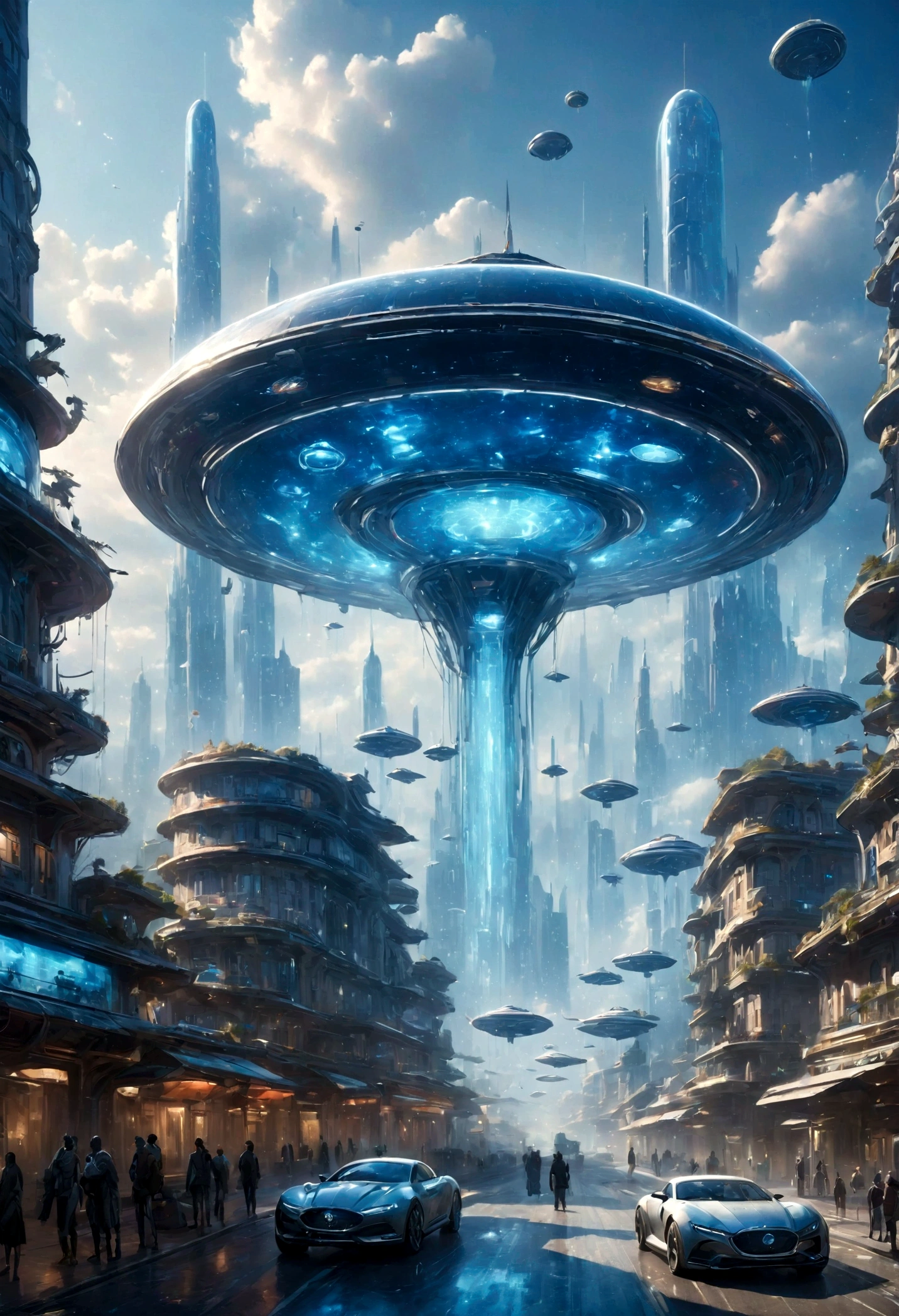 ville futuriste with futuristic cars and flying saucers in the sky, beautiful Ville du futur, ville futuriste street, rue futuriste, otherwordly ville futuriste, in fantasy ville de science-fiction, Ville du futur, ville de science-fiction, ville futuriste, in a ville cyberpunk futuriste, in a ville futuriste, ville cyberpunk futuriste, ville cyberpunk au loin