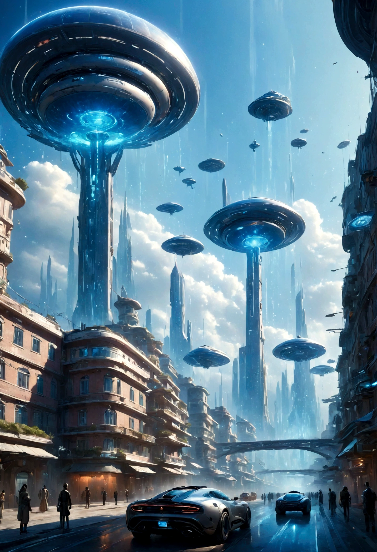 ville futuriste with futuristic cars and flying saucers in the sky, beautiful Ville du futur, ville futuriste street, rue futuriste, otherwordly ville futuriste, in fantasy ville de science-fiction, Ville du futur, ville de science-fiction, ville futuriste, in a ville cyberpunk futuriste, in a ville futuriste, ville cyberpunk futuriste, ville cyberpunk au loin