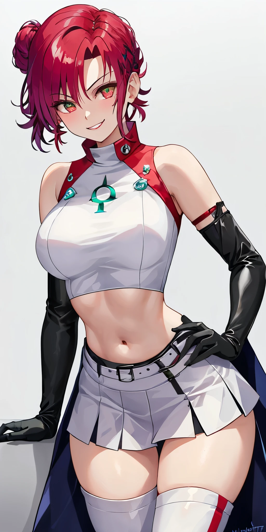 (((1 girl))) short hair, earings ,glossy lips ,team rocket uniform, red letter R, white skirt, white crop top, black thigh-high boots, black elbow gloves, evil smile, looking at viewer, cowboy shot, arms crossed, full body photo Mercedes von Martritz (Fire Emblem: Three Houses)