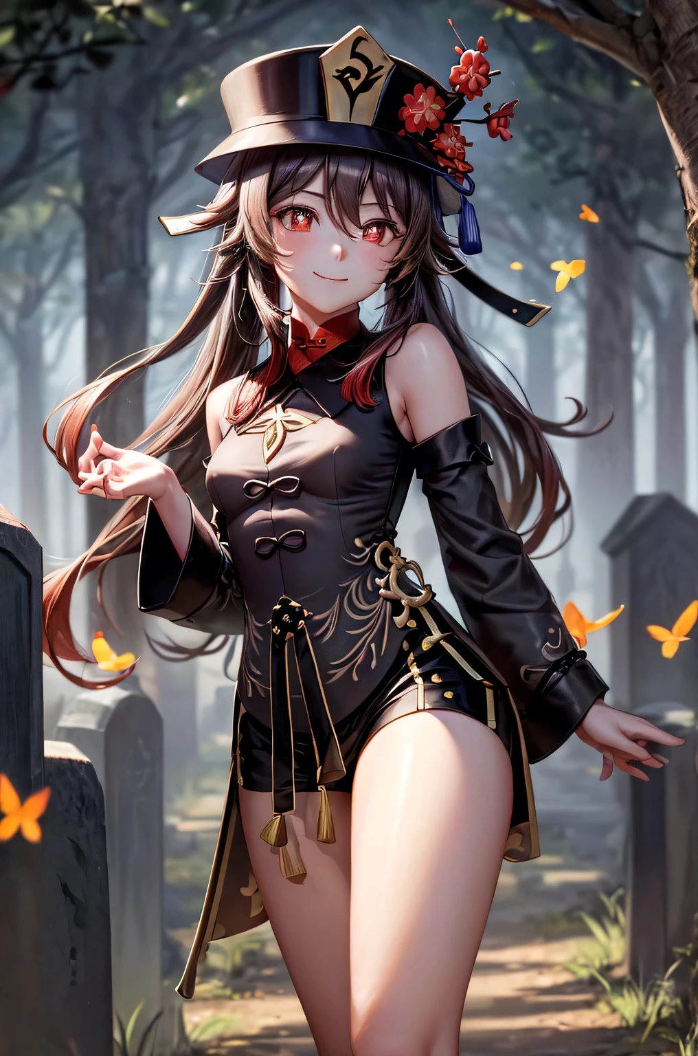 ((hutaodef)):1.5,((masterpiece,highest quality,Highly detailed images,Beautiful images、Realistic、Photorealistic、2.5D))((hutao images,A graveyard in a dark forest、Many gravestones、Fun pose、Bright natural light throughout、Backlight、A fantastic atmosphere、Dust flutters)),(Close-up image of hutao)、((small breasts))(smile)(Exposing shoulders、Separate sleeves)Deformed human soul