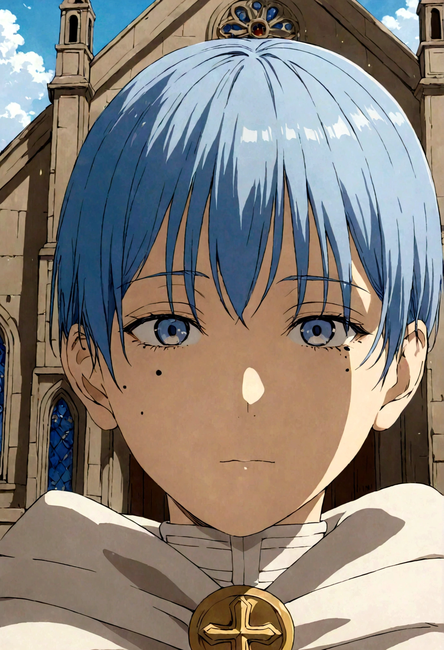 Close-Up of Face, blue hair, mole birthmark, sousou no frieren, church background, best quality, masterpiece, very aesthetic, perfect composition, intricate details, ultra-detailed