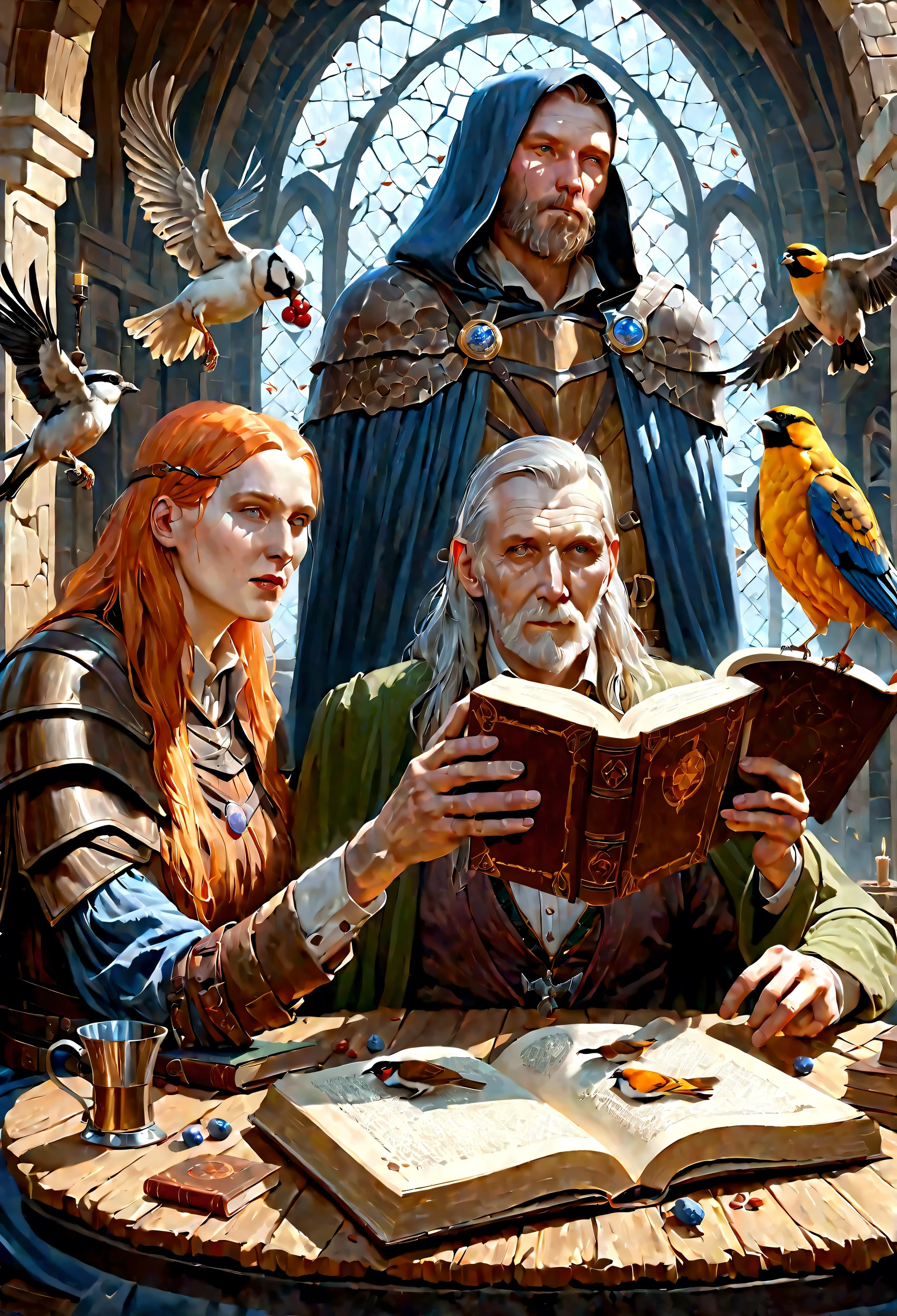 three people are sitting at a table with a book and two birds, cadaveric tumors and blisters, WLOP and Andrey Ryabovichev, hyperrealistic d & fantasy art, Johannes Helgeson, Greg Rutkowski and Krentzkushart, Tolkien and Michael Komark, inspired Johannes Helgeson, fantasy book illustration