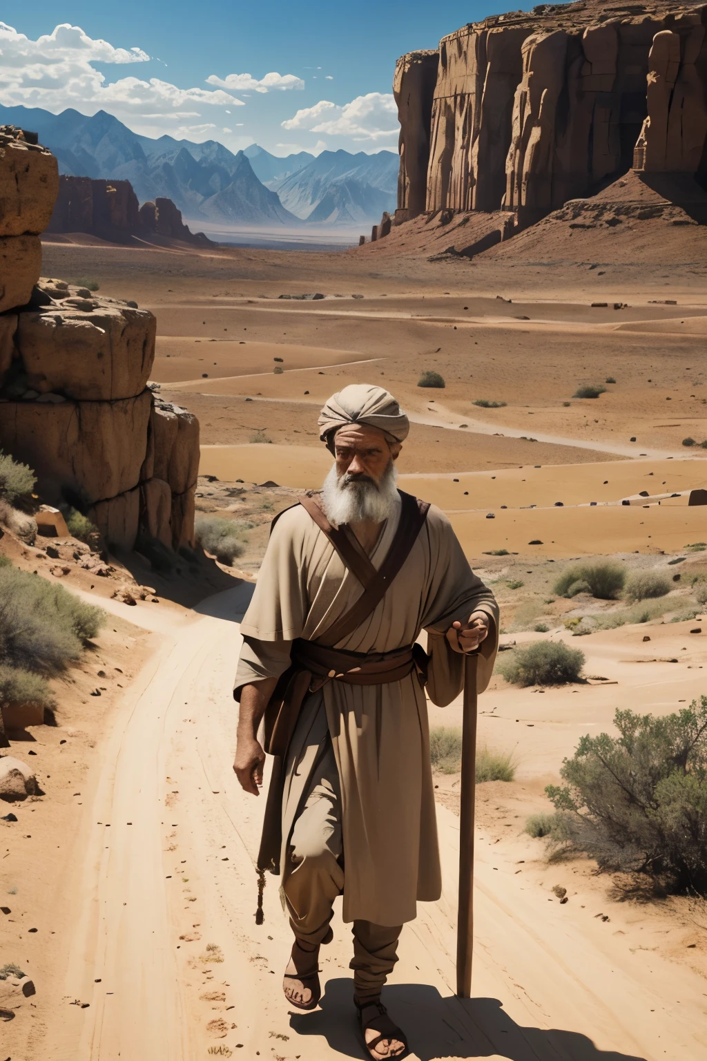 Act like a digital artist specializing in realistic biblical art. Your task is to create a realistic image of Abraham, The biblical character, durante a travessia que ele fez ordenada por Deus, where the sacrifice of Isaac was requested. The image will be used in videos on YouTube, so it must be visually striking and detailed. character description: Abraham must be portrayed as an elderly man, with typical clothing from biblical times, including a long tunic and a robe. He must have an expression of determination and reverence. scenario: Crossing a desert landscape with mountains in the background, representing the difficult journey. The environment should include natural elements such as rocks and sparse vegetation. Detalhes Importantes: Inclua Isaque, um jovem, walking alongside Abraham. Both must carry provisions and firewood for the sacrifice. Isaac's expression must be innocent and confident. Estilo: Realista, with attention to detail and textures to convey the authenticity of the scene and the emotions of the characters. Elementos Adicionais: If possible, include an angel or divine representation observing the scene in a subtle way, to suggest the presence of God.