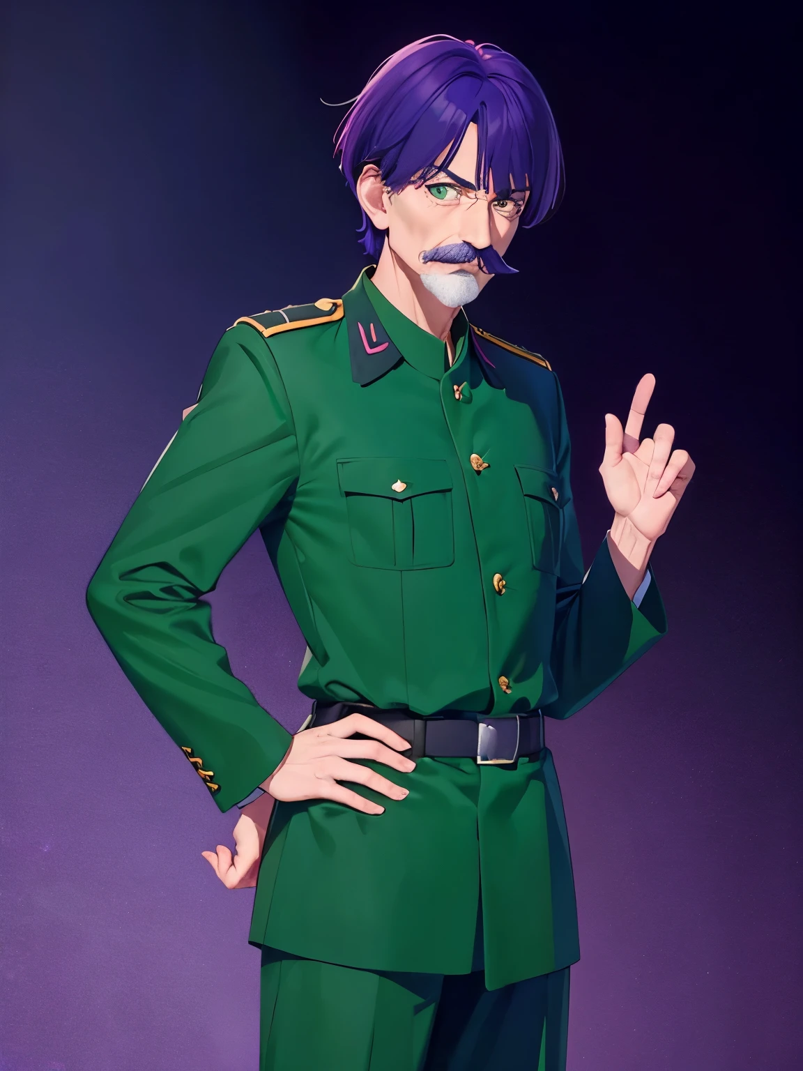 1 old man, Hands forward, talking,70 years old, short hair, Thin body, purple hair, green eyes, purple mustache, army uniform,ultra detail, ultra HD, standing,Thin body,half body photo