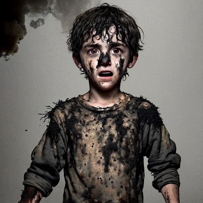 A comedy film about a boy covered in soot and wearing tattered clothes after being caught in an explosion.