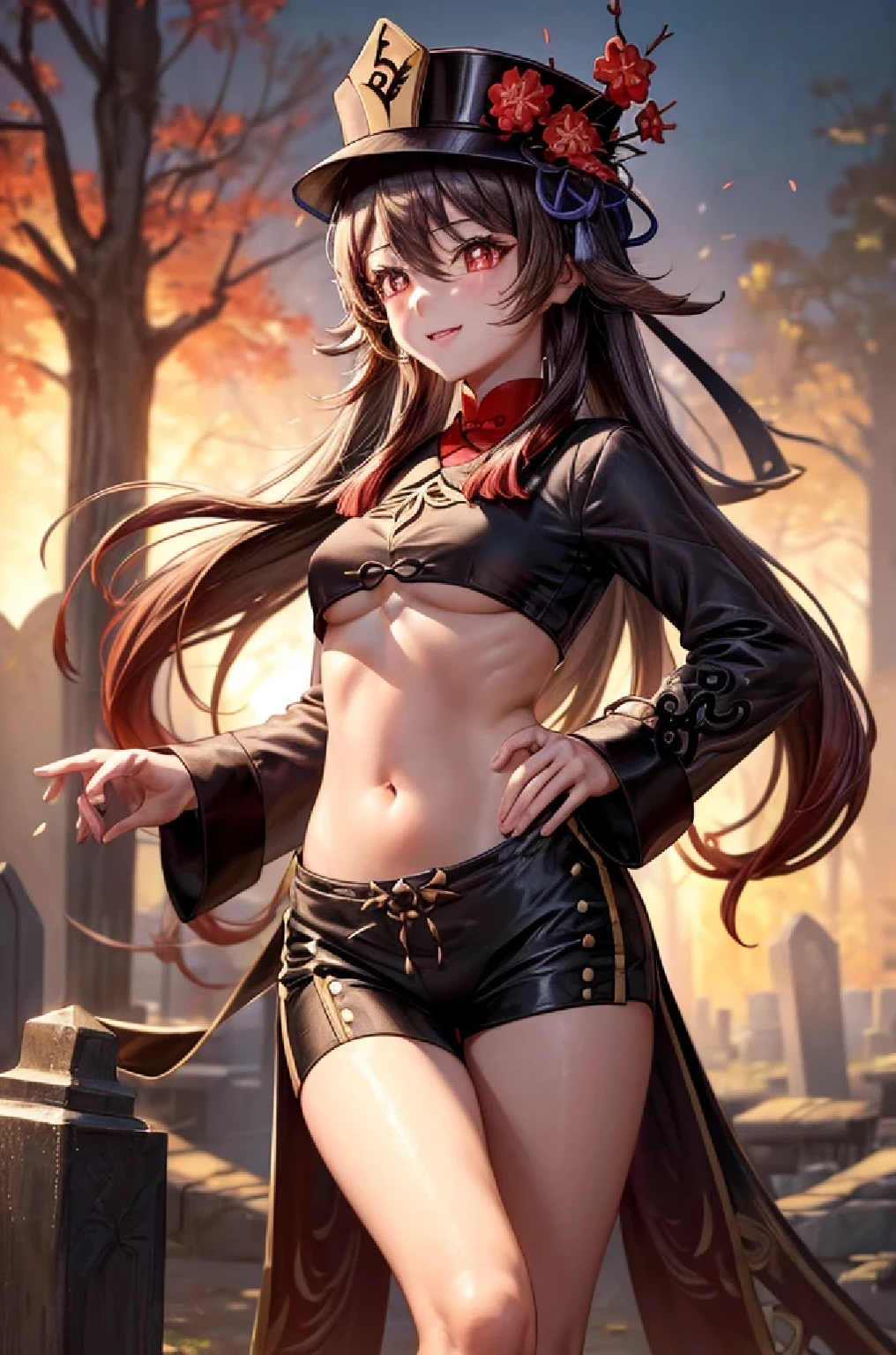 ((hutaodef)):1.5,((masterpiece,highest quality,Highly detailed images,Beautiful images、Realistic、Photorealistic、2.5D))((hutao images,A graveyard in a dark forest、Many gravestones、Fun pose、Bright natural light throughout、Backlight、A fantastic atmosphere、Dust flutters)),(Close-up image of hutao)、((small breasts))(smile)(Separate the top and bottom of your clothes、Exposing your belly、underboob、hot pants)Deformed human soul