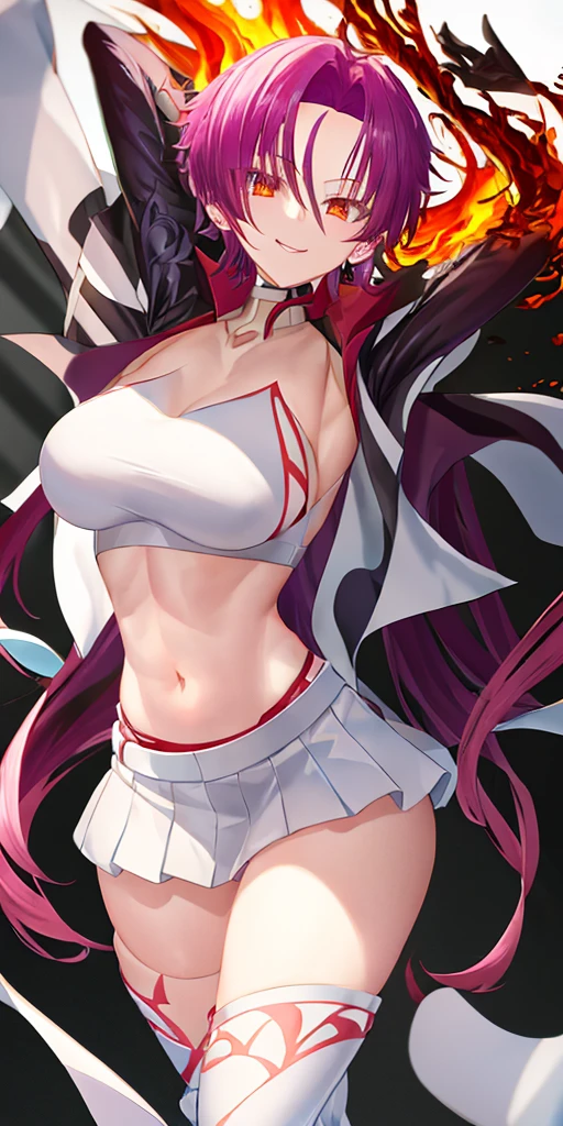 (((1 girl))) short hair, earings ,glossy lips ,team rocket uniform, red letter R, white skirt, white crop top, black thigh-high boots, black elbow gloves, evil smile, looking at viewer, cowboy shot, arms crossed, full body photo Mercedes von Martritz (Fire Emblem: Three Houses)