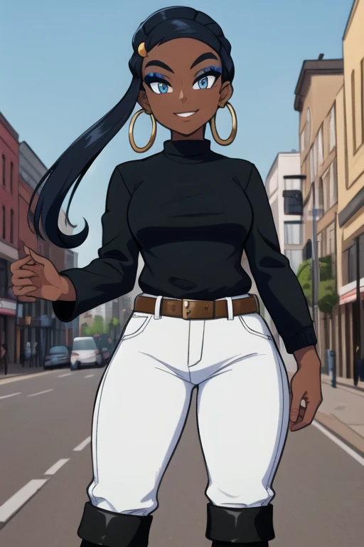 masterpiece, best quality, (Detailed face:1.2), (Detailed eyes:1.2), solo, 1girl, nessacasual, dark skin, makeup, smile, Opened black jacket, white undershirt, brown pants, belt, hoop earrings, black boots, outdoors, city street
