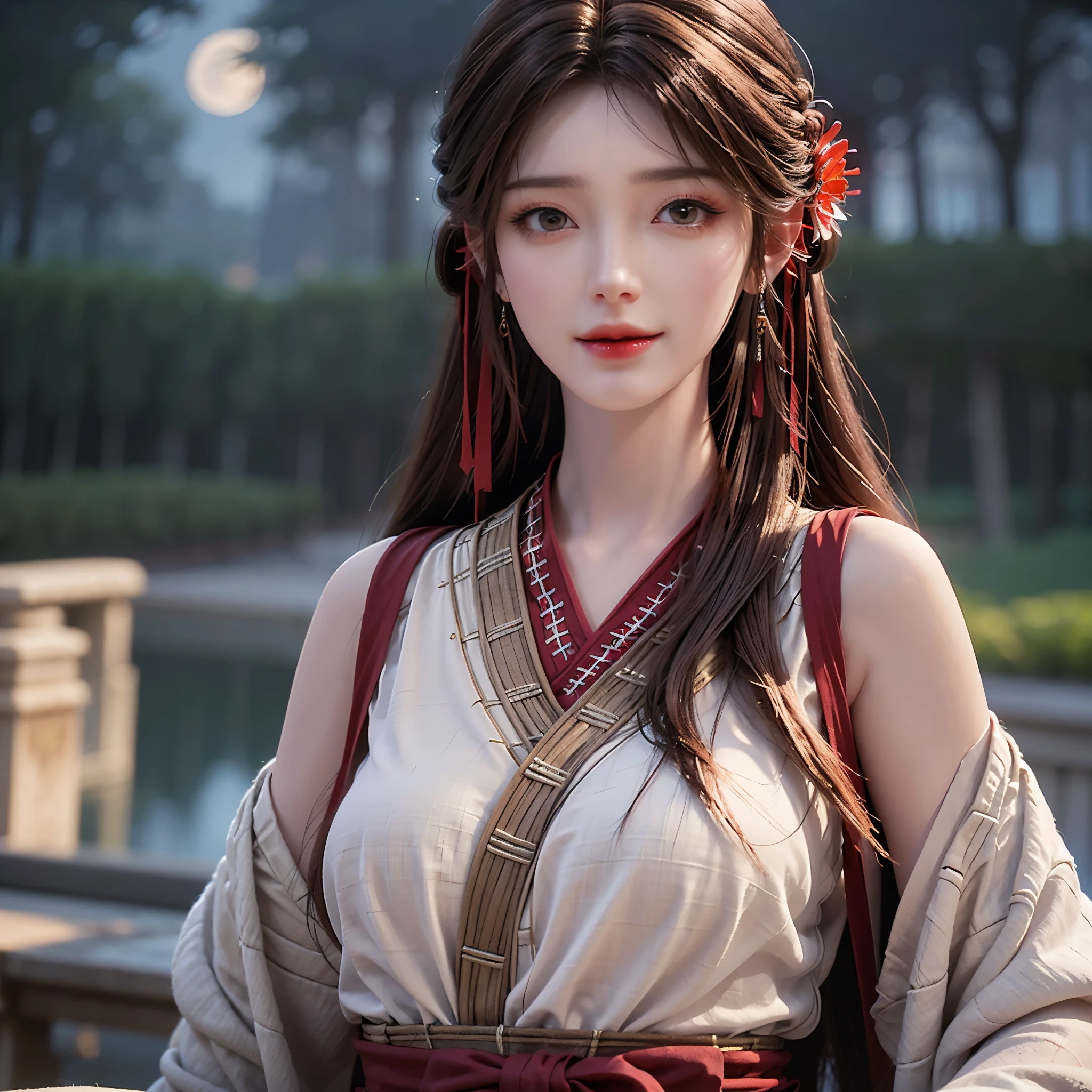 (girl,day view,close shot),(illustration,),(pretty,long hair),(sparkling stars,moonlight),(best quality,Super fine details),(romantic,colorful),(soft light,soft shine),(No revealing clothing),open the shoulders,Symmetrical charming eyes,smile