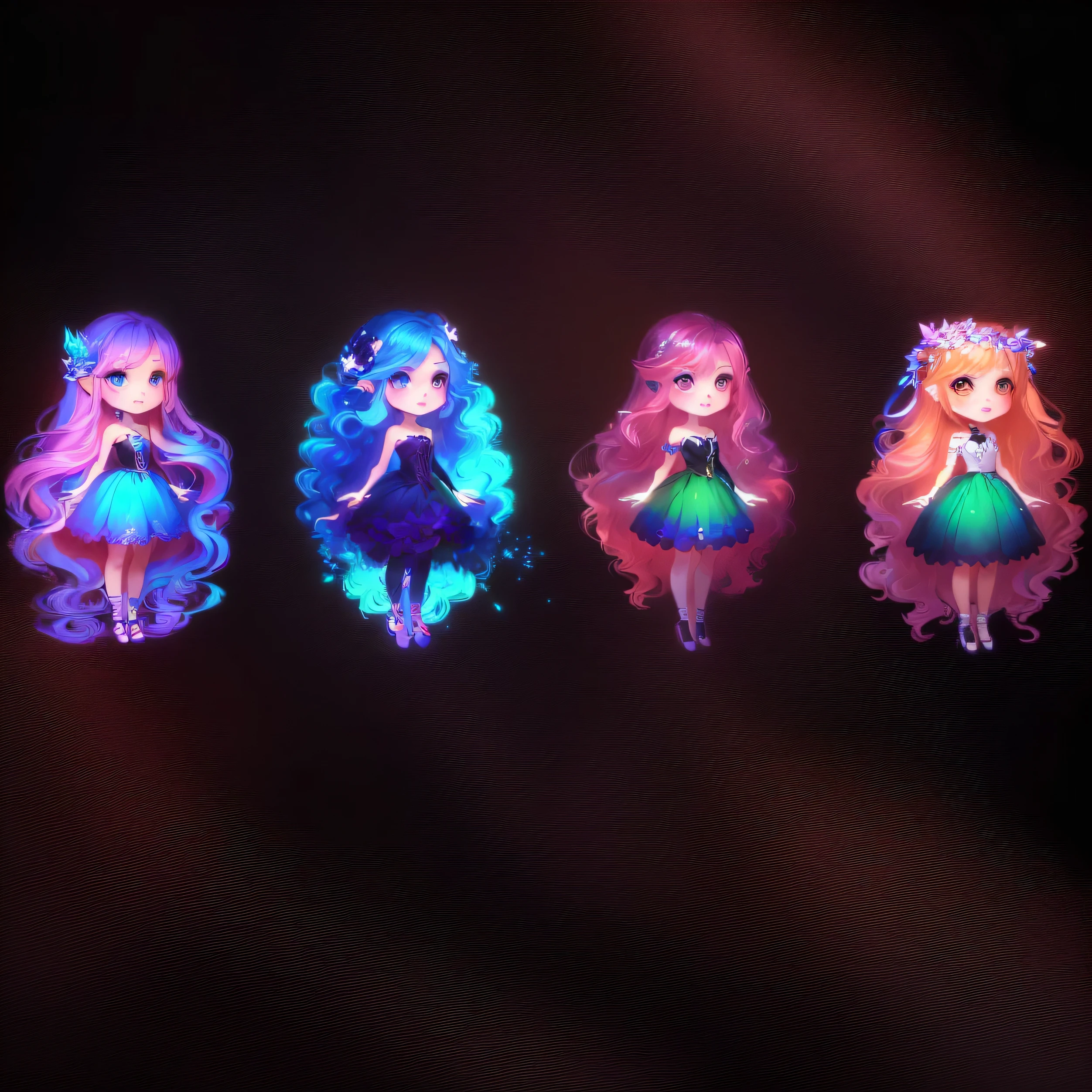 Cuatro hadas de diferentes colores con pelo largo y tiable., chibi art, fantasy art style, chibi anime, estilo chibi, arte chibi digital avanzado, linda obra de arte, anime chibi, lindo arte digital, lindo estilo de arte, conjunto de sprites hd de alta calidad, anime in fantasy style, lindo arte digital detallado, fanart oficial, chica chibi, little fairies
