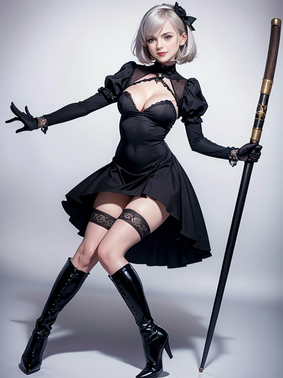 8K,Masterpiece,One woman,(Combat pose),Holding a naginata,Smile,30 years old,blue eyes,White Hair,Short Bob Hair,(Gothic ta),Dutch beauty,Ella Freya(Ella Freya),(White panties),2b, short hair, Knee socks, gloves, Long sleeve, dress, Slender figure, Cleavage, Small breasts, Gray Hair, hair band, boots, Puffy sleeves, black Knee socks, Black footwear, Mole, black dress, High heels, leotard, Clothing cutouts, thigh boots, Cleavage cutout, black hair band, Juliet Sleeve, high heel boots,Dynamic Angle,Panty Shot