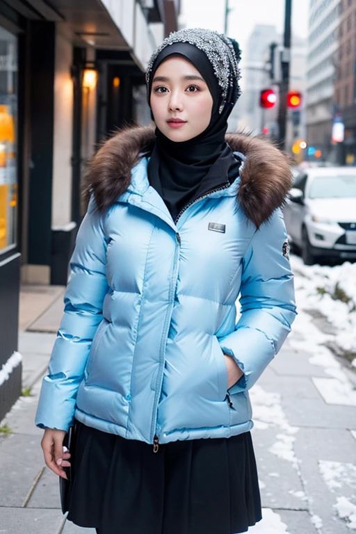 japanese muslim girl, pasmina hijab, perfect body figure, fur puffer winter jacket, light blue jacket, snowy city landscape