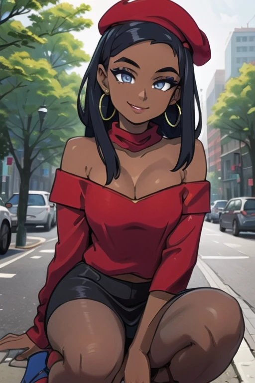 masterpiece, best quality, (Detailed face:1.2), (Detailed eyes:1.2), solo, 1girl, nessacasual, dark skin, makeup, smile, medium breasts, grey cabbie hat, red shirt, off shoulder, collarbone exposed, cleavage, red scarf, black short skirt, pantyhose, hoop earrings, black high-heels, hoop earrings, outdoors, city street
