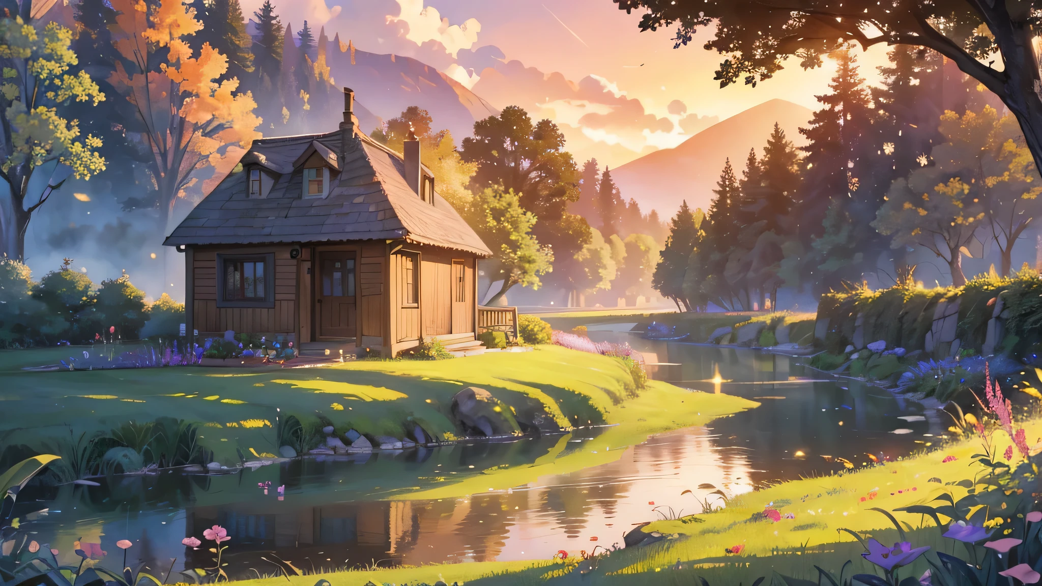 There are villas on the island in the lake, There are boats by the lake, spray, snow mountains, wildflowers.k hd, meticuloso,