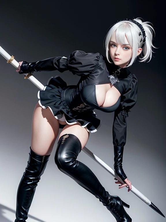 8K,Masterpiece,One woman,(Combat pose),Holding a naginata,Smile,30 years old,blue eyes,White Hair,Short Bob Hair,(Gothic ta),Dutch beauty,Ella Freya（Ella Freya),(White panties),2b, short hair, Knee socks, gloves, Long sleeve, dress, Slender figure, Cleavage, Small breasts, Gray Hair, hair band, boots, Puffy sleeves, black Knee socks, Black footwear, Mole, black dress, High heels, leotard, Clothing cutouts, thigh boots, Cleavage cutout, black hair band, Juliet Sleeve, high heel boots,Dynamic Angle,Panty Shot