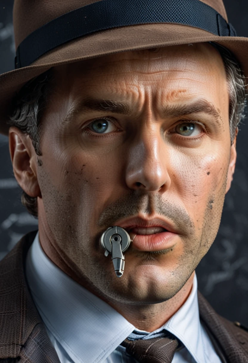 Close-Up of Face, The detective's gaze is sharp, the corners of his mouth slightly curl up, as if he has discovered a key clue, showcasing his intelligence and talent, (masterpiece, best quality, Professional, perfect composition, very aesthetic, absurdres, ultra-detailed, intricate details:1.3)