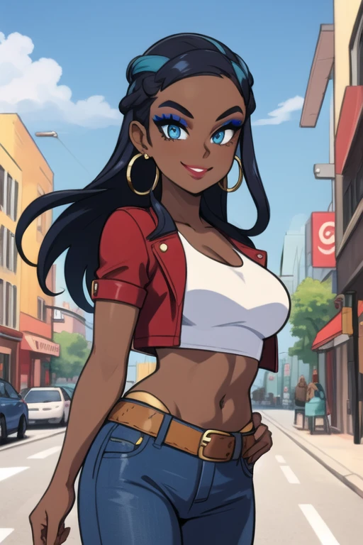 masterpiece, best quality, solo, 1girl, nessacasual, dark skin, makeup, smile, looking at viewer, standing, opened red jacket, white tank-top, ((midriff)), medium breasts, cleavage, tight blue denim pants, belt, hoop earrings, outdoors, city street
