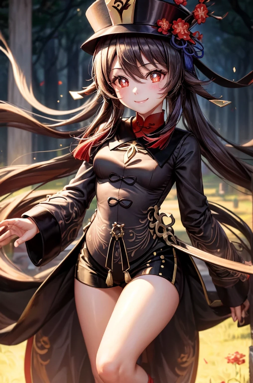 ((hutaodef)):1.5,((masterpiece,highest quality,Highly detailed images,Beautiful images、Realistic、Photorealistic、2.5D))((hutao images,A graveyard in a dark forest、Many gravestones、Fun pose、Bright natural light throughout、Backlight、A fantastic atmosphere、Dust flutters)),(Close-up image of hutao)、((small breasts))(smile)Deformed human soul
