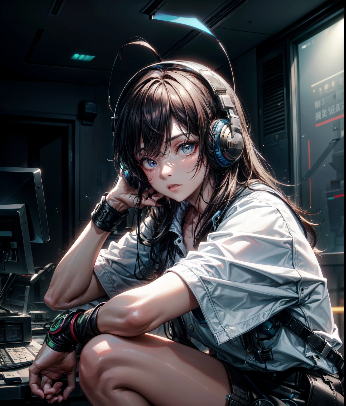 Put on headphones、Dressed in hip-hop style、90s style、cinematric light, Cinema Shadow, Sharp Image, Extremely detailed,、beautiful effects,  Highly detailed image textures,   , Highly detailed image textures,Photo from the knee up