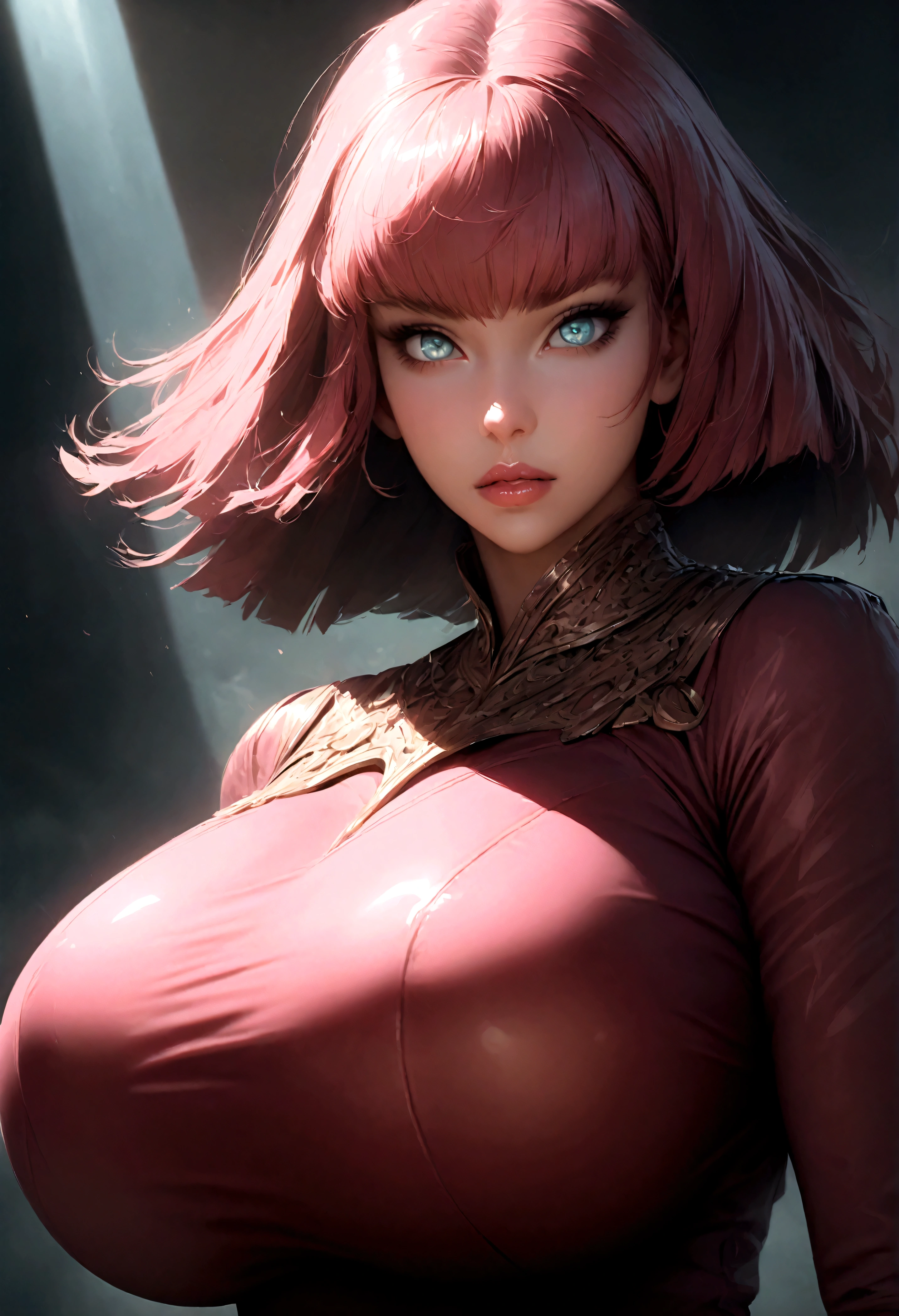 1girl, beautiful detailed eyes, beautiful detailed lips, extremely detailed face, long eyelashes, haman karn, covered gigantic breasts, round breasts,hyperrealistic, 8k, high quality, intricate details, chiaroscuro lighting, dramatic shadows, cinematic composition, muted color palette, sci-fi,